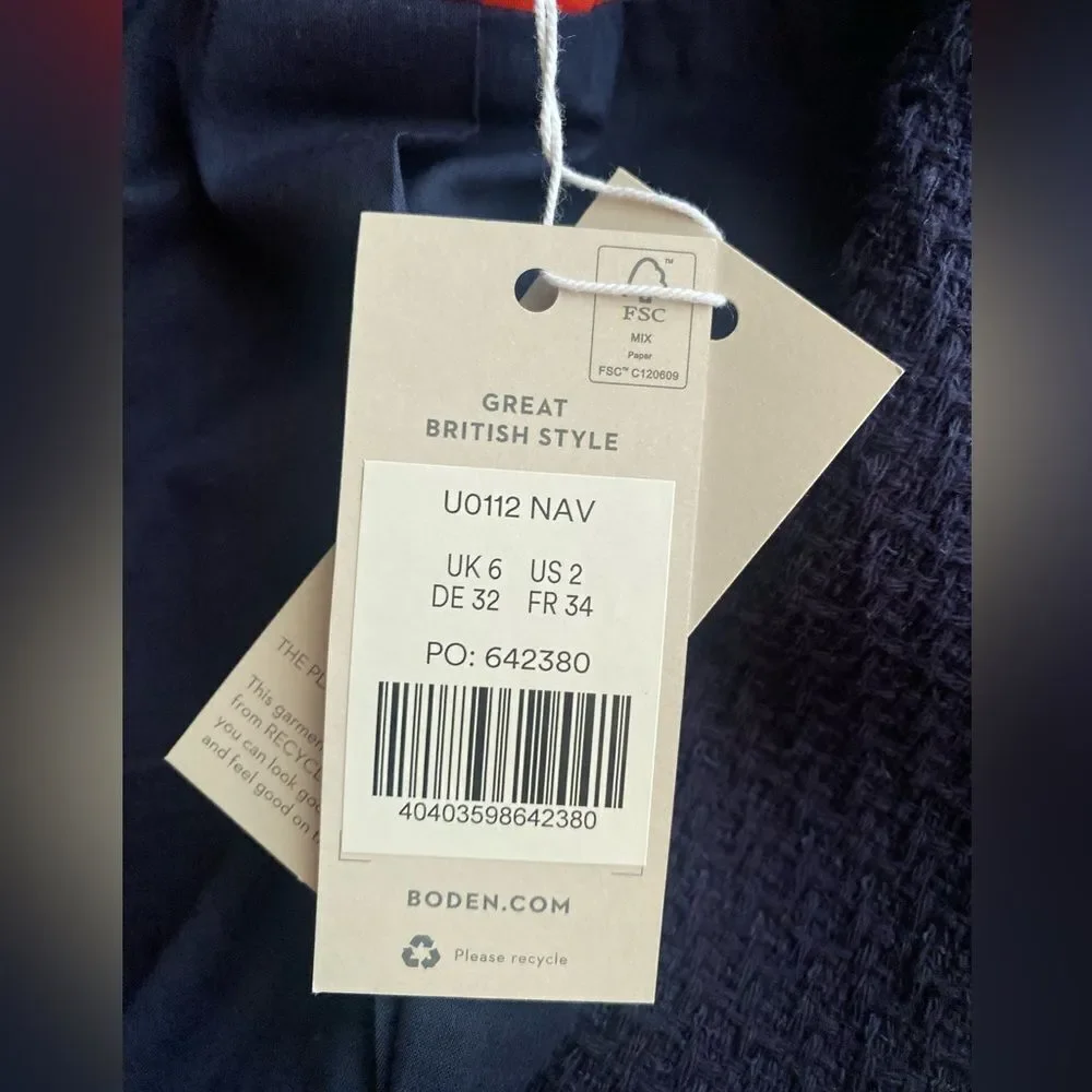 Boden Navy Blue Collared Textured Cotton Blend Jacket Blazer  Sz 2 NWT - Picture 12 of 13